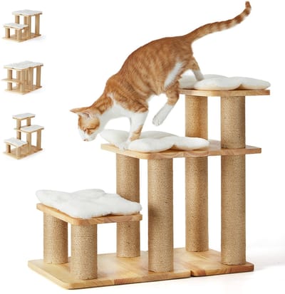 Ibenzoa® Verstelbare Huisdiertrap met Natuurlijk Hout en Jute voor Katten en Honden tot 90 kg