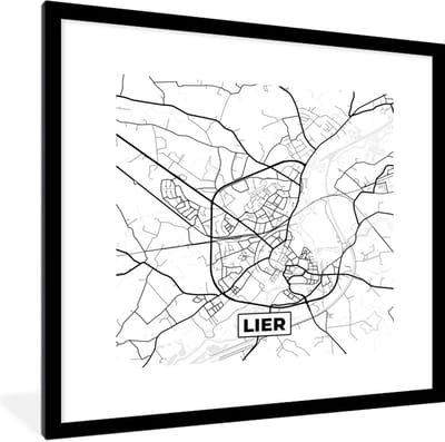 Fotolijst incl. Poster Zwart Wit- Zwart Wit – België – Plattegrond – Stadskaart – Kaart – Lier - 40x40 cm - Posterlijst