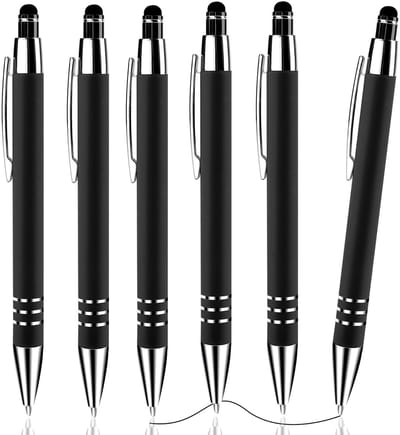 Dailygoods- Balpen 6 stuks - Intrekbare Balpen 1,0 mm - Styluspunt - Aluminium - Zwarte Inkt - Multifunctioneel voor Touchscreens - Styluspen
