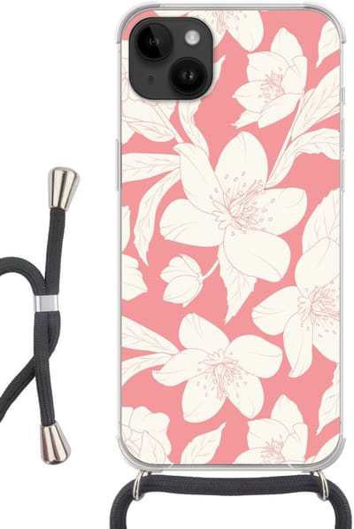 Telefoonhoesje Geschikt voor Apple Iphone 14 Max - Bloemen - Patroon - Roze - Wit - Siliconen - Crossbody - Backcover met Koord - Telefoonhoesje met koord - Hoesje met touw Telefoonhoesje