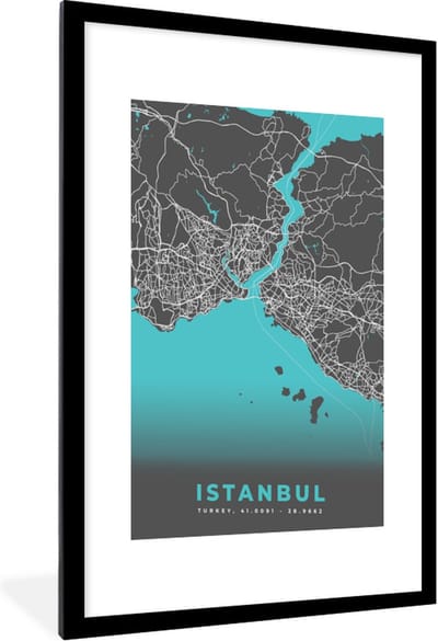Fotolijst incl. Poster - Istanbul - Blauw - Kaart - Stadskaart - Plattegrond - 60x90 cm - Posterlijst