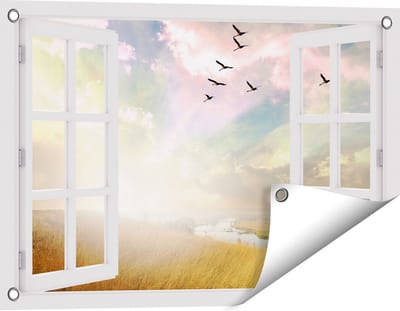 Gards Tuinposter Doorkijk Groep Vogels Vliegen Boven het Gras - 60x40 cm - Tuindoek - Tuindecoratie - Wanddecoratie buiten - Tuinschilderij