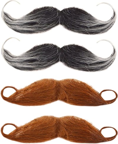 4 Stuks Nepbaarden en Nep Snorren Zelfklevende Krullende Snor voor Kostuum, Halloween en Feestjes (Bruin, Zwart)