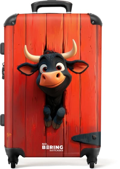 NoBoringSuitcases.com® - Kinderkoffer - Kindertrolley jongen en meisje - Zwarte stier steekt kop door rode schuurdeur - Koffer kind groot - Rolkoffer lichtgewicht - Reiskoffer met 4 wielen - Grote trolley XL - 20 kg bagage