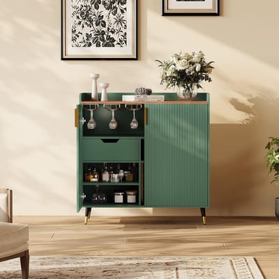 Wijnkast buffet met laden, geribbelde koffiebarkast, opbergkast met wijnrek en glasophangers voor eetkamer, woonkamer en keuken, mintgroen