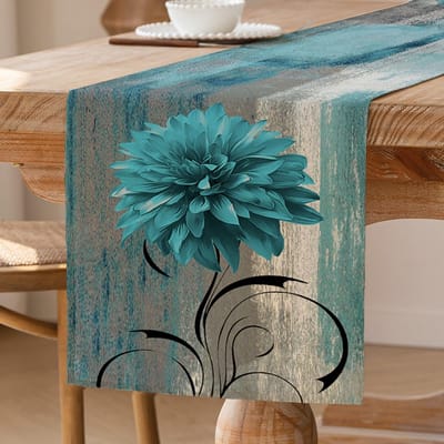 Tafelloper - Retro Bloemmotief in boerderijstijl - voor Keuken, Koffietafel, Feestjes en Bruiloft - Blauwgroen 40 x 140 cm