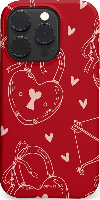 Casetastic Hoesje Geschikt voor Apple iPhone 14 Pro Magsafe - Stijlvolle Beschermende Duo-layer Case - Hartendief - Liefdes Slotjes - Valentijn - Valentine - Love - Rood Wit