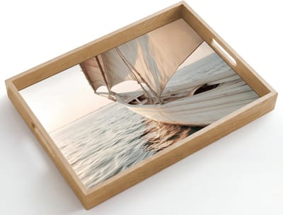 Dienblad hout 50x35 cm - Schootdienblad - Zeilboot - Zee - Beige - Zon - Borrelplank rechthoek - Plateau dienbladen