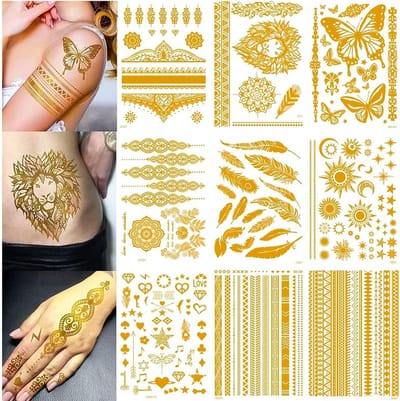 Gouden tijdelijke tattoos, 9 bladen met metallic designs, perfecte festivalaccessoires voor volwassenen en feestjes, ideaal voor dagelijkse en feestelijke gelegenheden.
