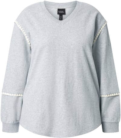 Ulla Popken - Dames - Sweatshirt siernaden oversized V-hals lange mouwen - Lichtgrijs melange - Maat 42+