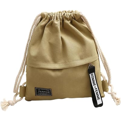 Canvas Schooltas Dubbele Schouder Rugzak met Trekkoord Trekkoordvak Draagbare Casual Rugzak Dames Heren Reisrugzak-A-DH beige