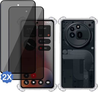 TechNow Hoesje + 2x Privé Screenprotector geschikt voor Nothing Phone (3a) Pro – Hoesje Screenprotector - Privacy Tempered Glass - Case Transparant