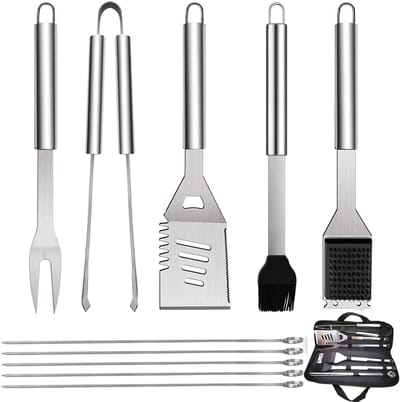 Famanu 10 stuks roestvrijstalen grillbestekset, professionele grillbesteksets in draagtas, BBQ grillgereedschap, grillset, gereedschap voor mannen en vrouwen, camping, tuin