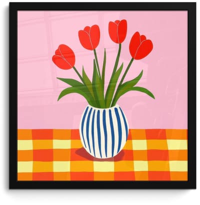 Poster in lijst - Fotolijst 40x40 cm - Posters - Tulpen - Roze - Vaas - Posterlijst zwart - Decoratie - Wanddecoratie woonkamer - Muurdecoratie slaapkamer