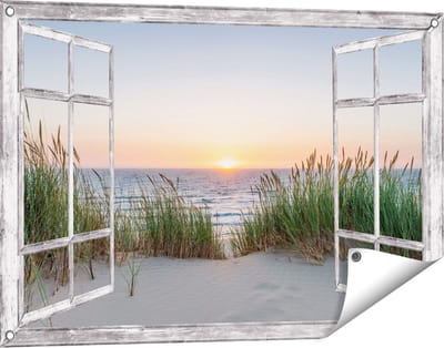 Gards Tuinposter Doorkijk Zee vanuit Duinen met Zonsondergang - 90x60 cm - Tuindoek - Tuindecoratie - Wanddecoratie buiten - Tuinschilderij