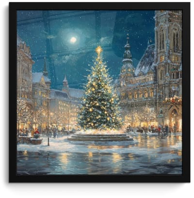 Poster in lijst - Fotolijst 40x40 cm - Posters - Kerstnacht - Stadsplein - Meerkleurig - Posterlijst zwart - Decoratie - Wanddecoratie woonkamer - Muurdecoratie slaapkamer - Kerstversiering - Kerstdecoratie voor binnen - Kerstmis