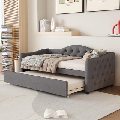 SACOOL Dagbed 90x200cm met uitschuifbaar bed, slaapbank, eenpersoonsbed (zonder matras), linnen, minimalistische styling, grijs