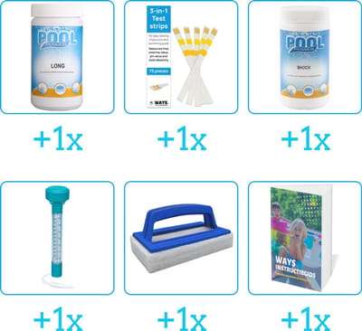 Zwembad Onderhoudspakket - Onderhoud Zwembad - bevat Chloor - Testrips - Chloor - Thermometer - Scrubborstel en Zwembadgids (6-delig)