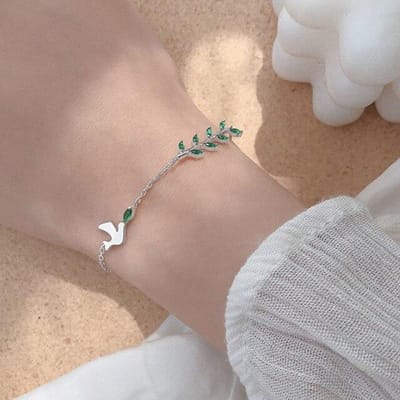 Allergiepreventie armband van 925 sterling zilver voor dames, klassieke kristallen groene bladvogel bedel sieraad sl139 zilver