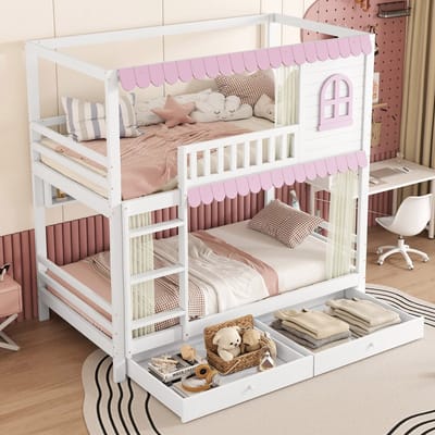 MEUNIQ stapelbed 90x200 cm met raam en gordijnen, uitvalbeveiliging, open opbergrek, 2 lades op wielen en ladder voor kinderkamer, wit en roze