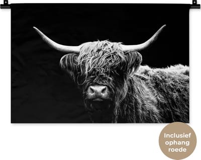 Wandkleed - Wanddoek - Schotse Hooglander - Koe - Zwart - Wit - Dieren - 60x40 cm - Wandtapijt