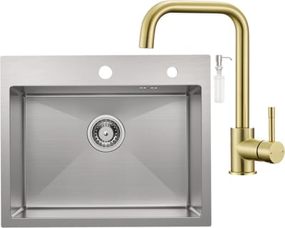 CECIPA max Spoelbak 55x45CM - Spoelbak Keuken Met Keukenkraan Goud - Spoelbak Met Kraangat - Enkele spoelbakken RVS - Spoelbakken Keuken – Spoelbakken met Afvoer