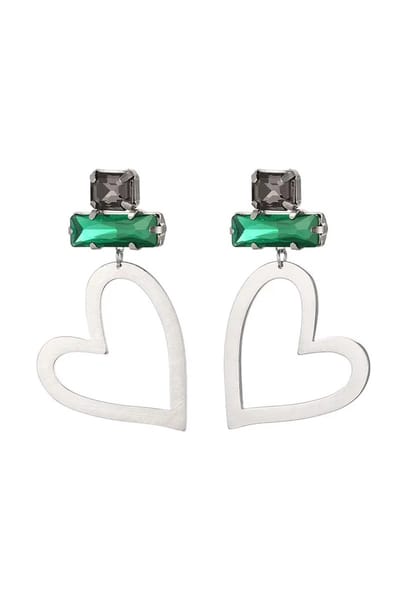 Zilveren RVS Oorbellen Hart oorbellen glaskralen - Groen & Zwarte Glaskralen - Zilver Stainless Steel - Hart Oorbellen