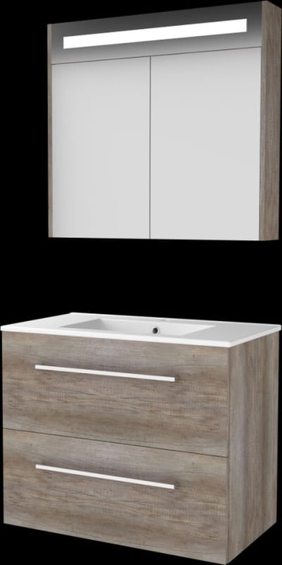 Basic Premium 46 badmeubelset met spiegelkast met geïntegreerde LED verlichting, wastafelonderkast met grepen, 2 lades en porseleinen wastafel met 1