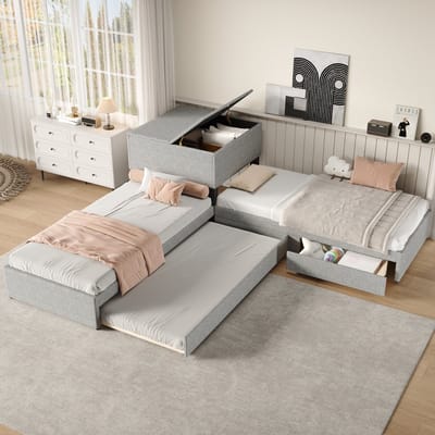 Sweiko Kinderbed - 90x200 cm*2 - Hoekbed - Met uitschuifbed + opbergkast + laden - Zonder matras - Linnen - Grijs