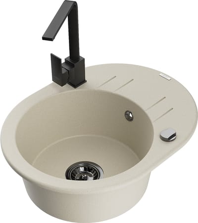 Mexen Kevin granieten gootsteen 1-komerig met afdruiprek en keukenkraan Rita, beige - 6517-69-670300-70