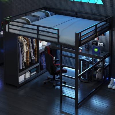DESMIU Hoogslaper 160x200cm – Met Bureau En Ledverlichting – Open Kledingkast En Opbergvakken – Voor Slaapkamer En Studie – Metaal – Zwart Zonder Matras
