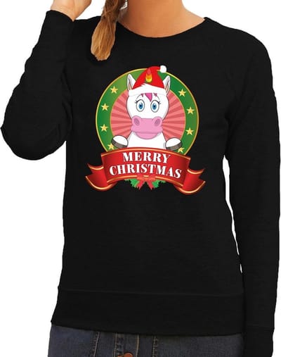 Foute kersttrui / sweater eenhoorn - zwart - Merry Christmas voor dames S