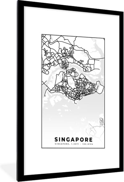 Fotolijst incl. Poster Zwart Wit- Singapore - Plattegrond - Kaart - Stadskaart - Zwart Wit - 60x90 cm - Posterlijst