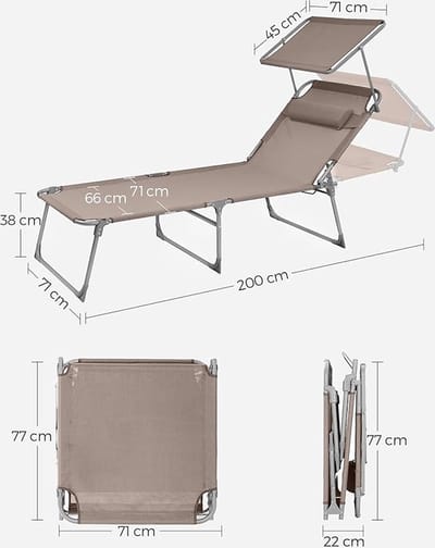 SONGMICS Zonnebank, ligstoel, tuinstoel, extra groot, 71 x 200 x 38 cm, belastbaar tot 150 kg, met hoofdsteun en luifel, verstelbare rugleuning, opklapbaar, tuin, antraciet