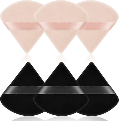 6 stuks driehoekige make-up-poederkwasten, gezichtssponzen, poederpads, wasbaar, herbruikbare spons, nat en droog make-up-gereedschap voor los poeder of foundation, rouge (3 zwart + 3 huidskleur）