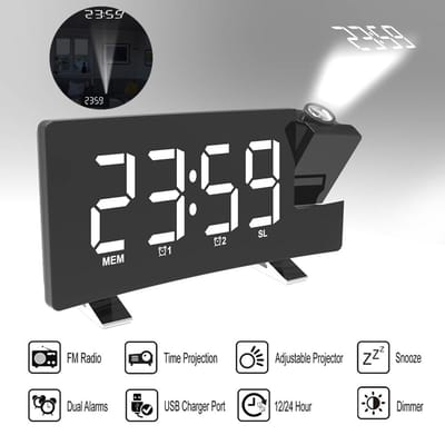 Réveil radio FM multifonction avec projection et port de chargement USB blanc