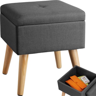 tectake® Kruk met opbergruimte - Gevoerde zitting - Afneembare deksel - Praktisch opbergvak - Houten poten - Kruk in linnenlook - Tot 300 kg belastbaar - Afmeting (LxBxH) 32,5 x 32,5 x 36,5 cm - Grijs