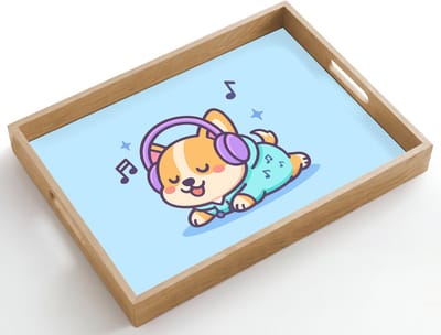 Dienblad hout 50x35 cm - Schootdienblad - Corgi - Koptelefoon - Blauw - Muzieknoten - Borrelplank rechthoek - Plateau dienbladen