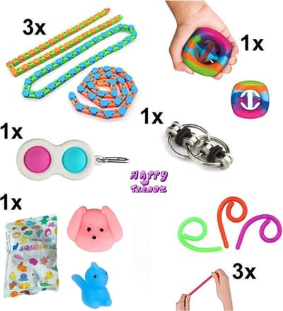 Happy Trendz® Fidget Toys Pakket met Mystery mochi pack - Set met 10 verschillende Fidget Toys: Wacky Tracks, Mochi squeezy , Simple Dimple, Pop It Fidget, Flippy Chain, Monkey Noodles, Snapperz Rainbow