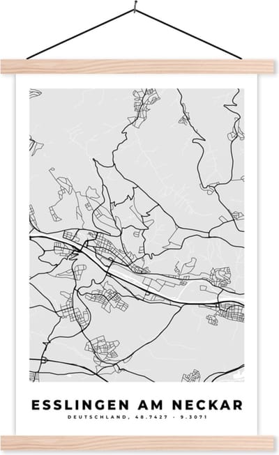 Posterhanger incl. Poster 40x60 cm - Schoolplaat - Esslingen Am Heckar- Kaart - Stadskaart - Plattegrond - Duitsland - Textielposter - Blanke latten - Stadskaart