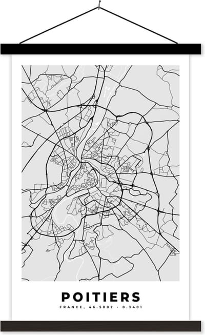 Posterhanger incl. Poster 40x60 cm - Schoolplaat - Poitiers - Plattegrond - Frankrijk - Kaart - Stadskaart - Textielposter - Zwarte latten - Stadskaart