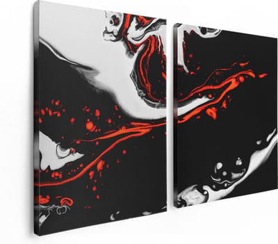 Artaza Canvas Schilderij Tweeluik Abstracte Kunst - Zwart en Wit met Rood - 120x80 - Foto Op Canvas - Canvas Print