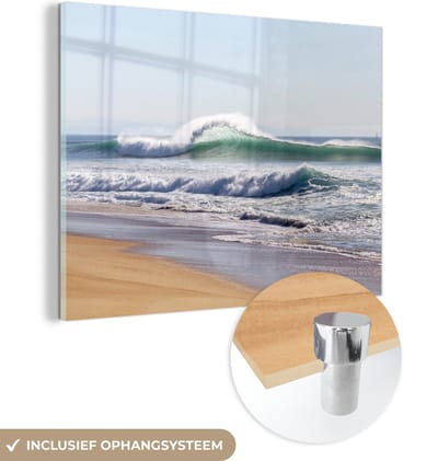 MuchoWow® Glasschilderij 160x120 cm - Schilderij acrylglas - Strand - Golven - Zee - Foto op glas - Muurdecoratie woonkamer - Wanddecoratie slaapkamer - Schilderijen