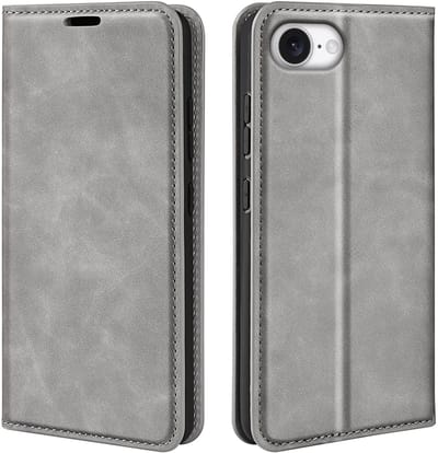 MobyDefend Hoesje - Geschikt voor iPhone 16e / iPhone 17e - Luxe Wallet Bookcase (Magnetische Sluiting) - Grijs