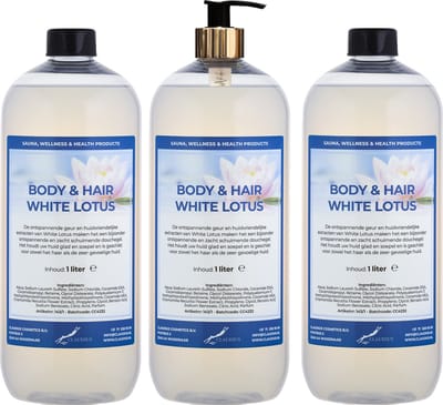 Body & Hair White Lotus 1 liter met gouden pomp - set van 3 stuks - 2 in 1 voor lichaam en haar - voordeelverpakking