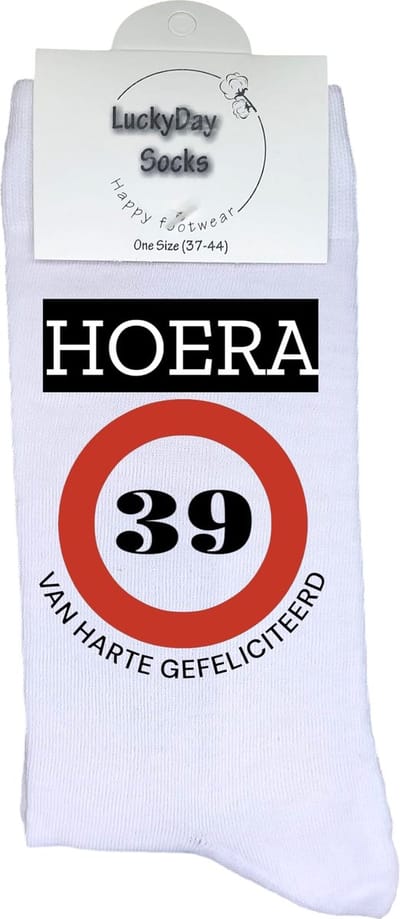 39 jaar Sokken - Gefeliciteerd - Jarig - Verjaardag - Grappige cadeau - Cadeau voor vrouw man - Kado - Verjaardags sokken - Verjaardags cadeau - Sokken waar je vrolijk van wordt - Maat 37-44