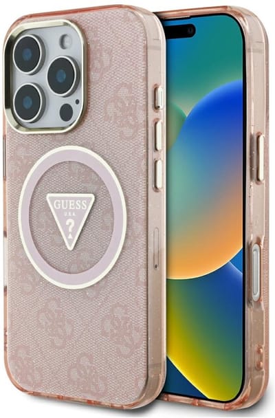 Guess Metal Glitter Serie - iPhone 16 Pro Hoesje - MagSafe Compatibel - Różowy - Metaal Glitter Afwerking