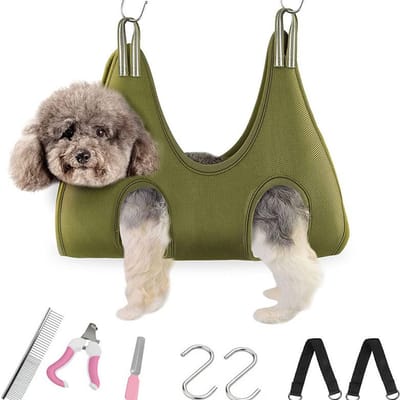 Katten, Honden Hangzak - 8 In 1 Huisdier Verzorging Hangmat - Huisdier Nagel Trimmen Harnas - met 2 S-haken - met Nagelknipper Nagelvijl - Maat M: 70x50cm - Voor Het Makkelijk Knippen Van Nagels - voor Het Baden, Klauwen Knippen - Groen