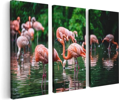 Artaza Canvas Schilderij Drieluik Kudde Flamingo's in de Jungle in het Water - 120x80 - Foto Op Canvas - Canvas Print