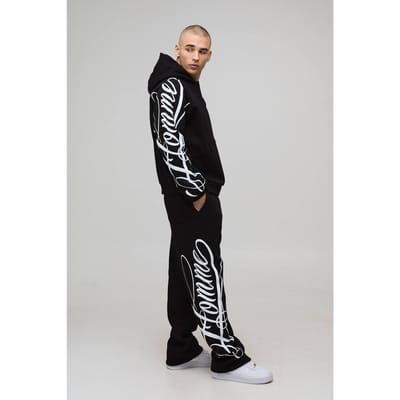 Oversized Boxy Homme Script Hoodie and Relaxed Split Hem Jogger Tracksuit | Black | Size XS